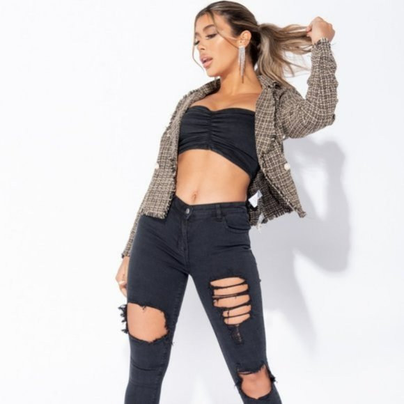 Brown Plaid Check Tweed Long Sleeve Double Breasted Frayed Hem Blazer Jacket - Picture 8 of 9